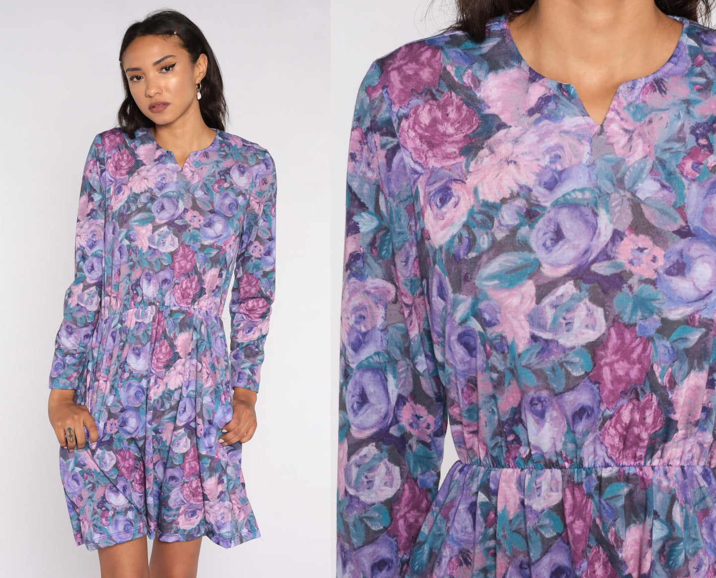 80s Floral Mini Dress Purple Pink V-Neck High Waisted Long Sleeve Small