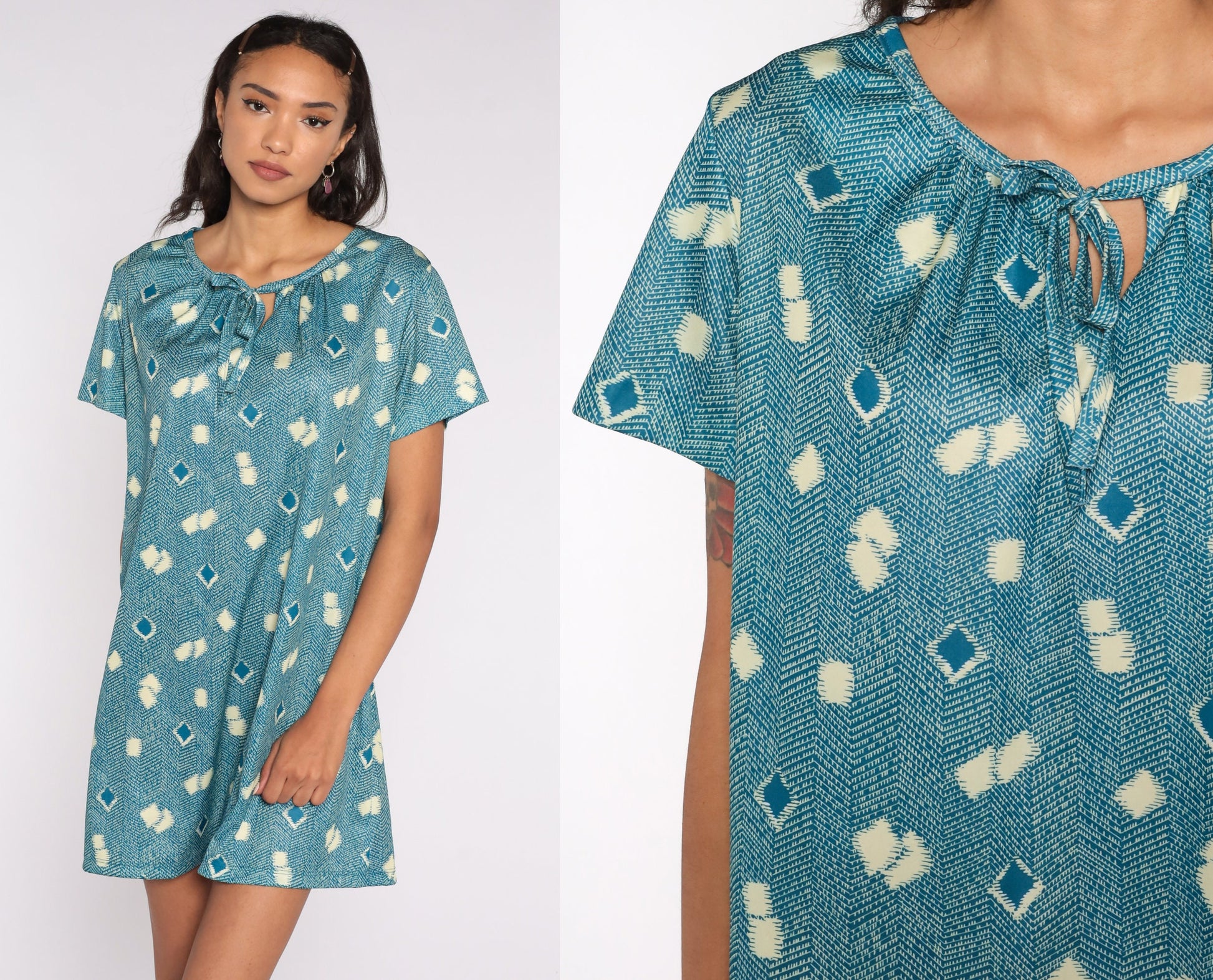 70s Geometric Print Shift Minidress Keyhole Neckline Blue Short Sleeve Extra Large