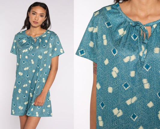 70s Geometric Print Shift Minidress Keyhole Neckline Blue Short Sleeve Extra Large