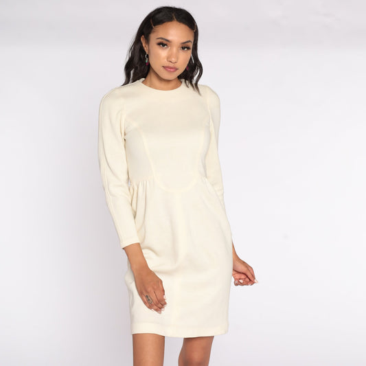 90s Cream Knit Mini Dress High Waist Long Sleeve Extra Small XS