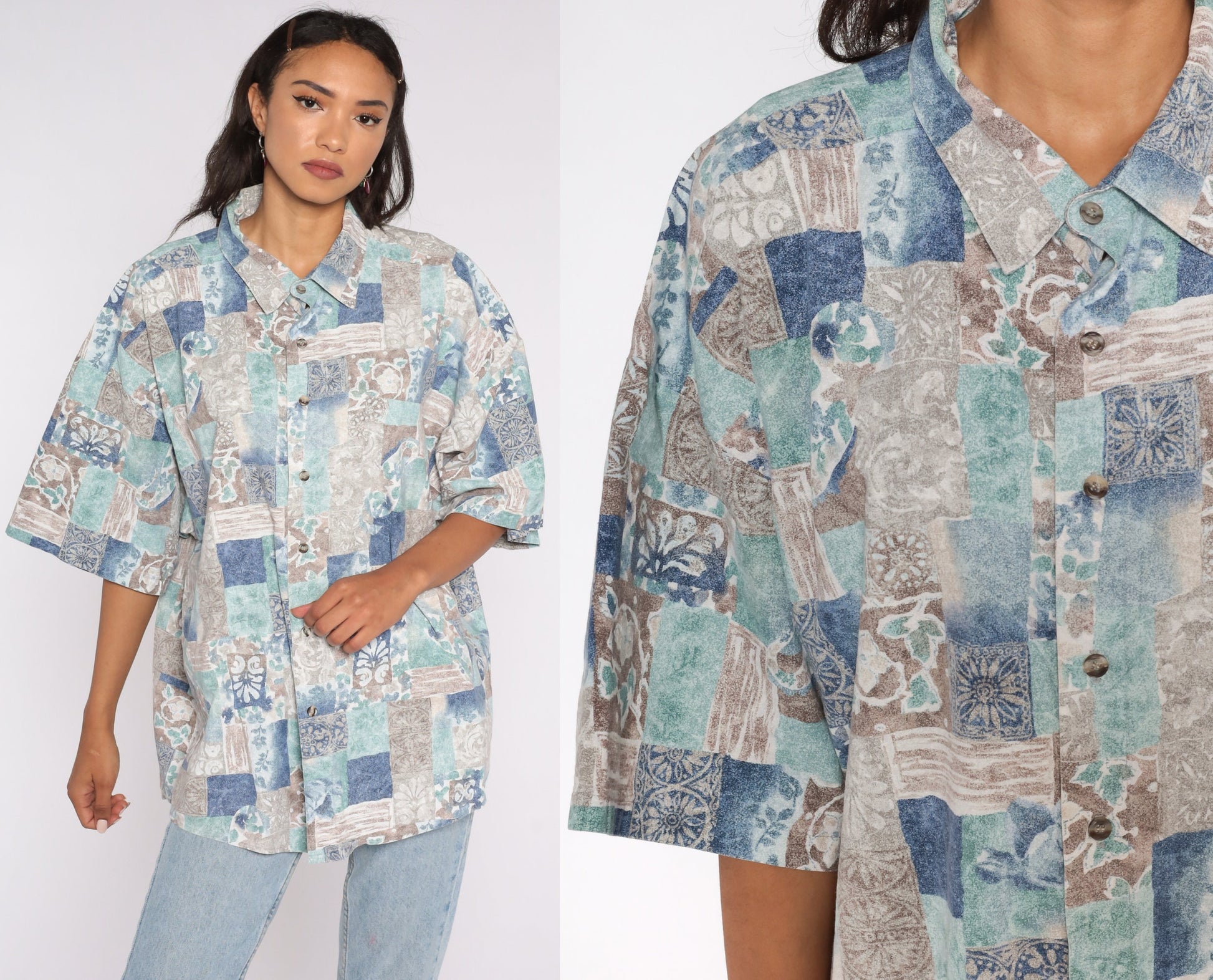 90s Floral Geometric Button-Up Blouse Blue Cotton XXL