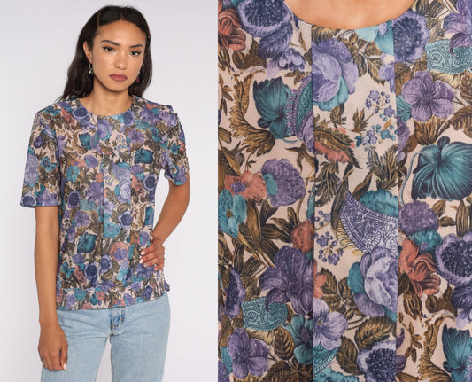 80s Purple Floral Print Blouse Short Sleeve Shirt Medium
