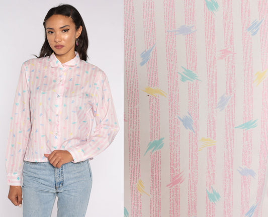 80s Pink Striped Brushstroke Button-Up Shirt Long Sleeve Collar Medium