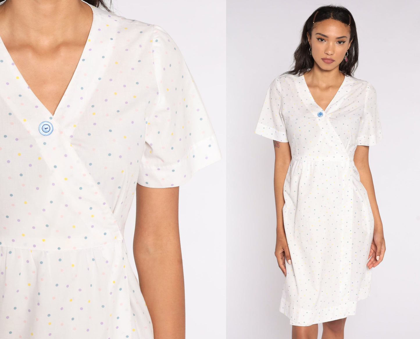 80s White Polka Dot Wrap Mini Dress V-Neck Short Sleeve Medium