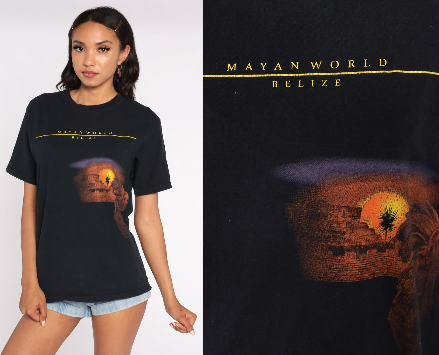 90s Belize Mayan Ruins Graphic T-Shirt Black Cotton Tee Medium