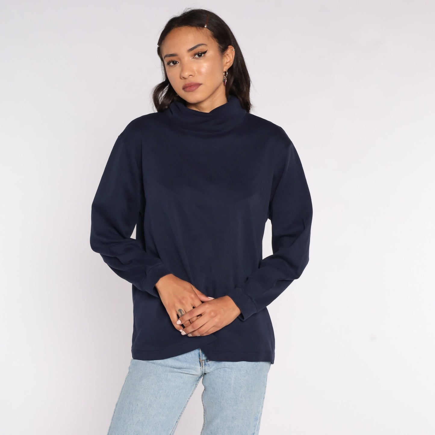 80s Navy Mock Neck Long Sleeve Shirt Cotton Top Extra Large XL