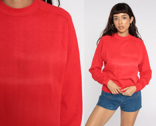 80s Red Crewneck Sweatshirt Faded Plain Vintage Medium