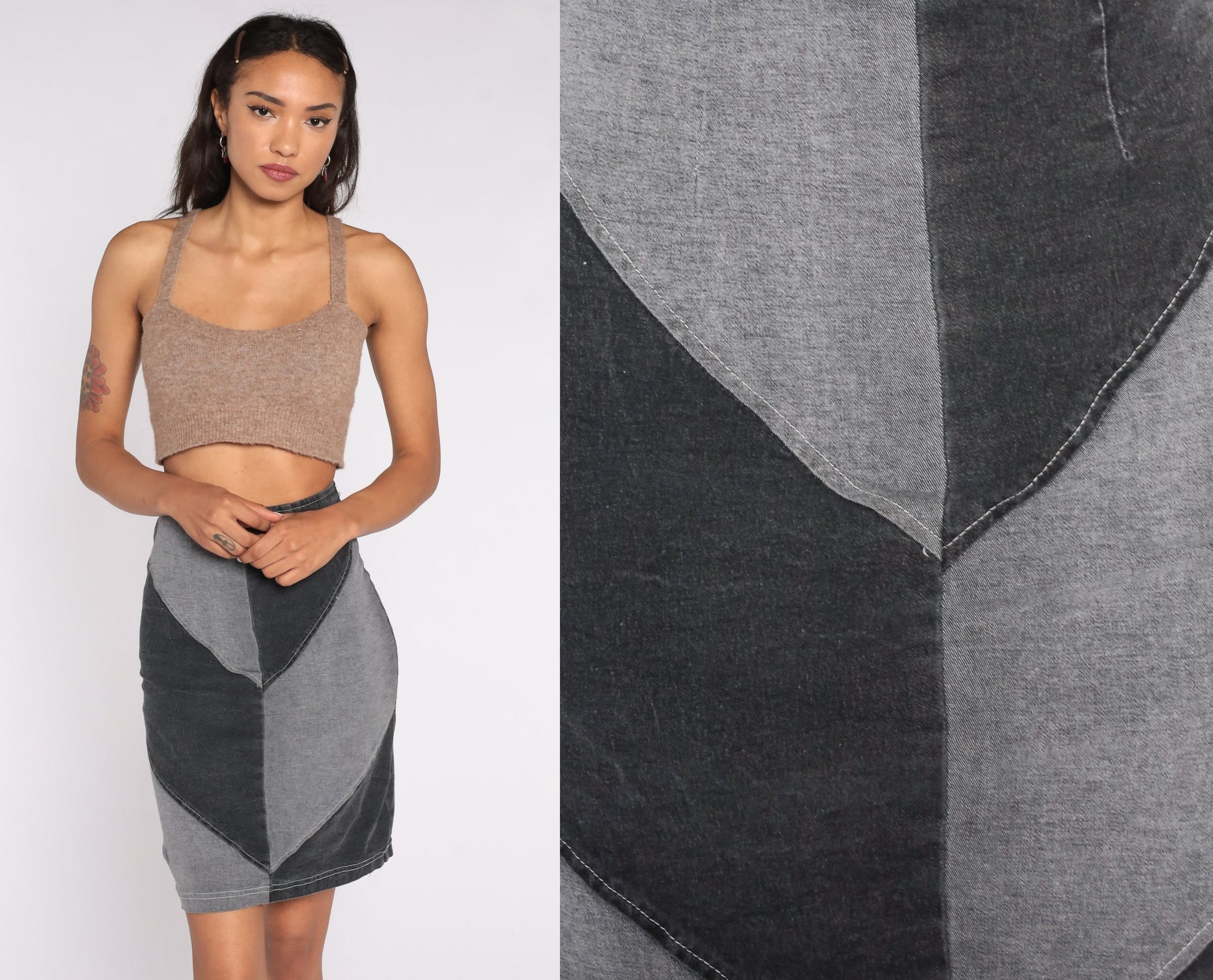 90s Black Grey Colour Block Mini Pencil Skirt High Waisted Extra Small