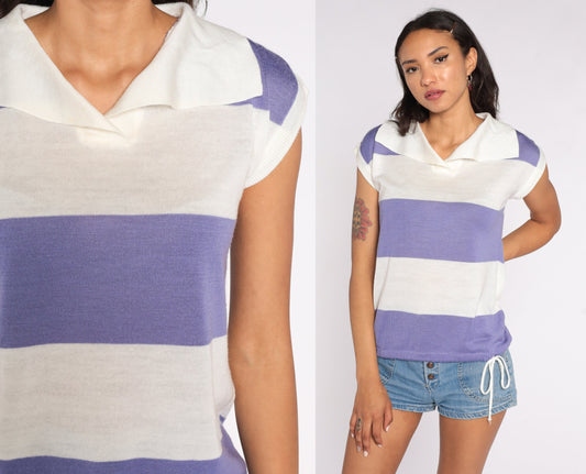 70s Striped Knit Blouse Purple Cap Sleeve Drawstring Waist Small Medium