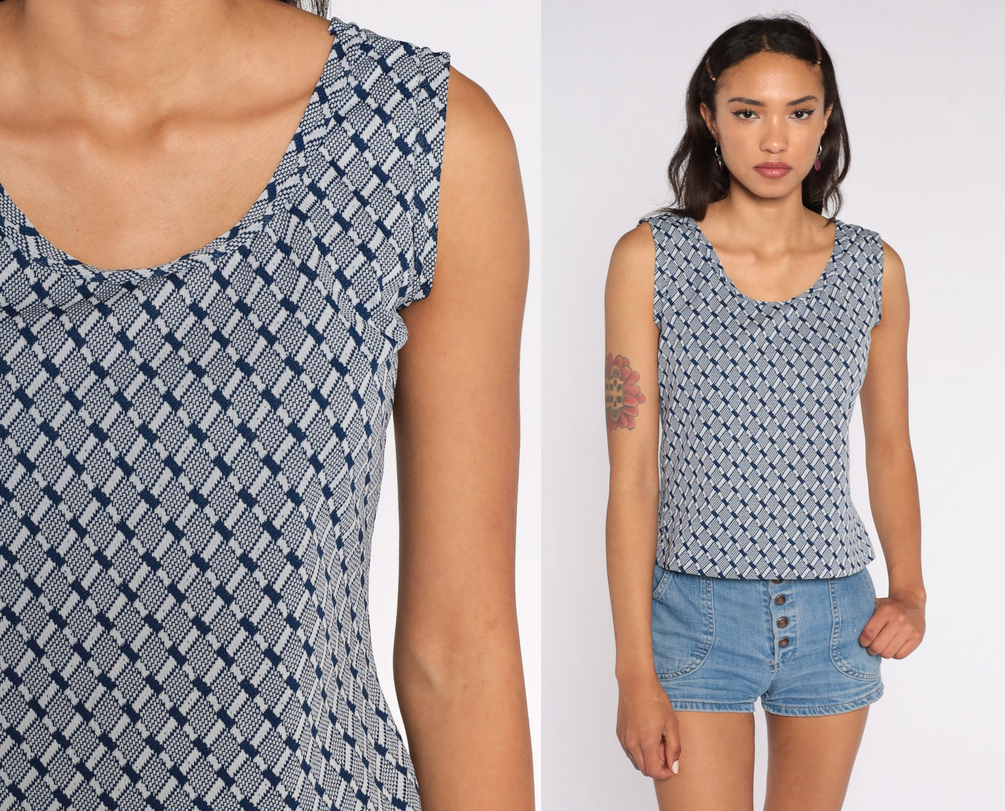 70s Geometric Tank Top Blue Checkered Sleeveless Blouse Small