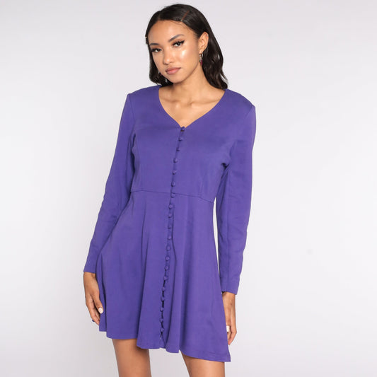 80s Purple Babydoll Mini Dress Button-Up High Waist Long Sleeve Medium