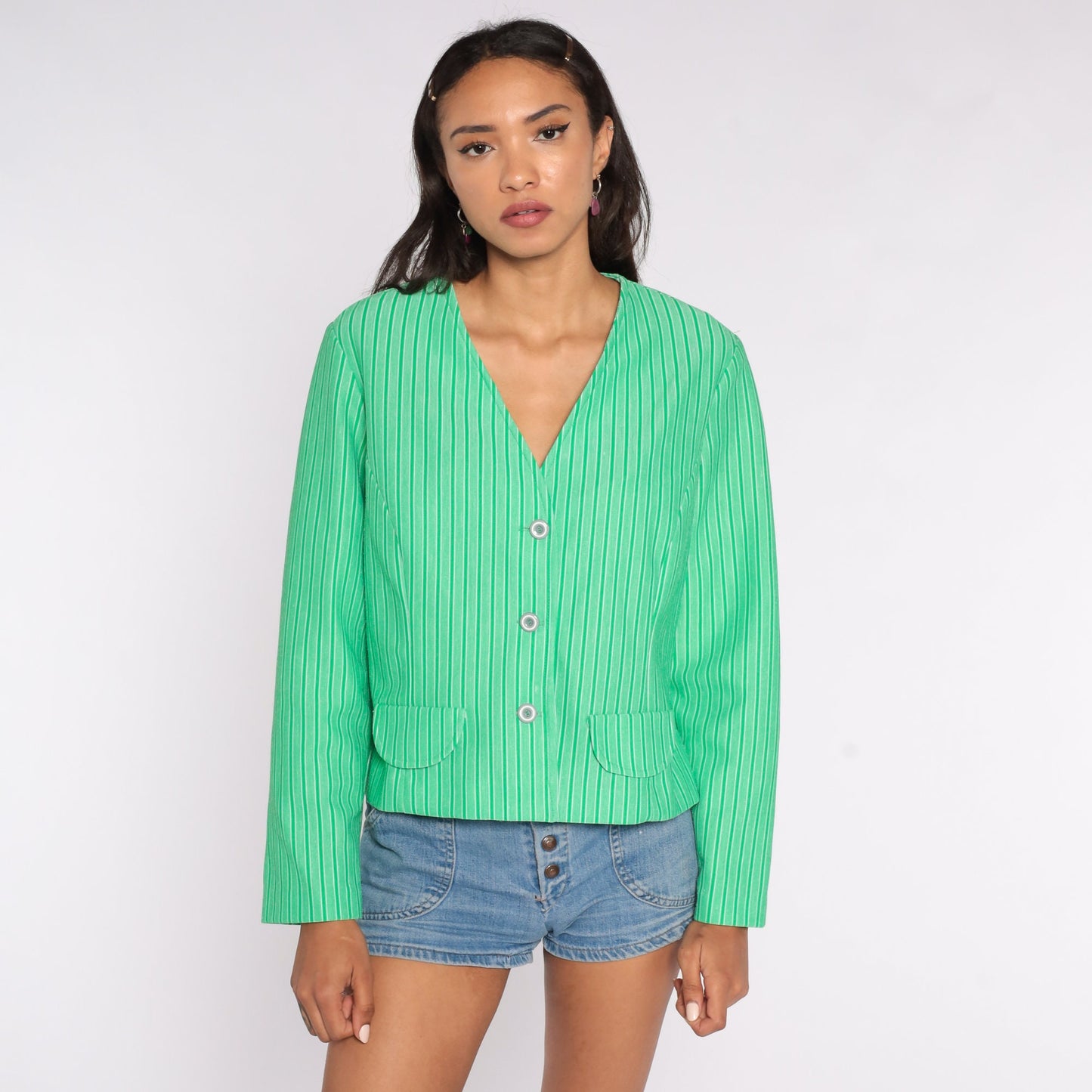 70s Green Striped Button-Up Shirt Long Sleeve Blouse V-Neck Large L