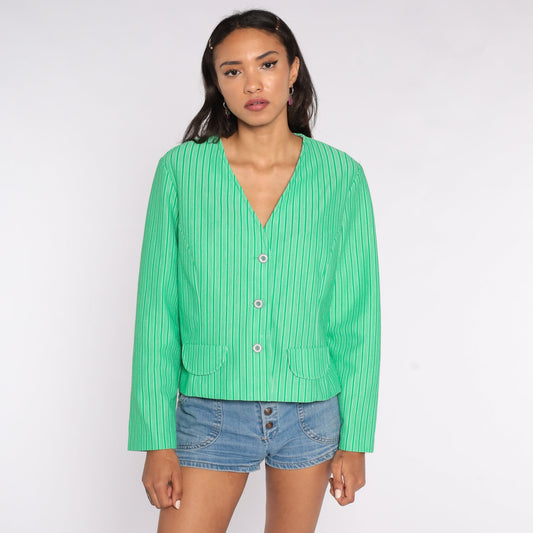 70s Green Striped Button-Up Shirt Long Sleeve Blouse V-Neck Large L
