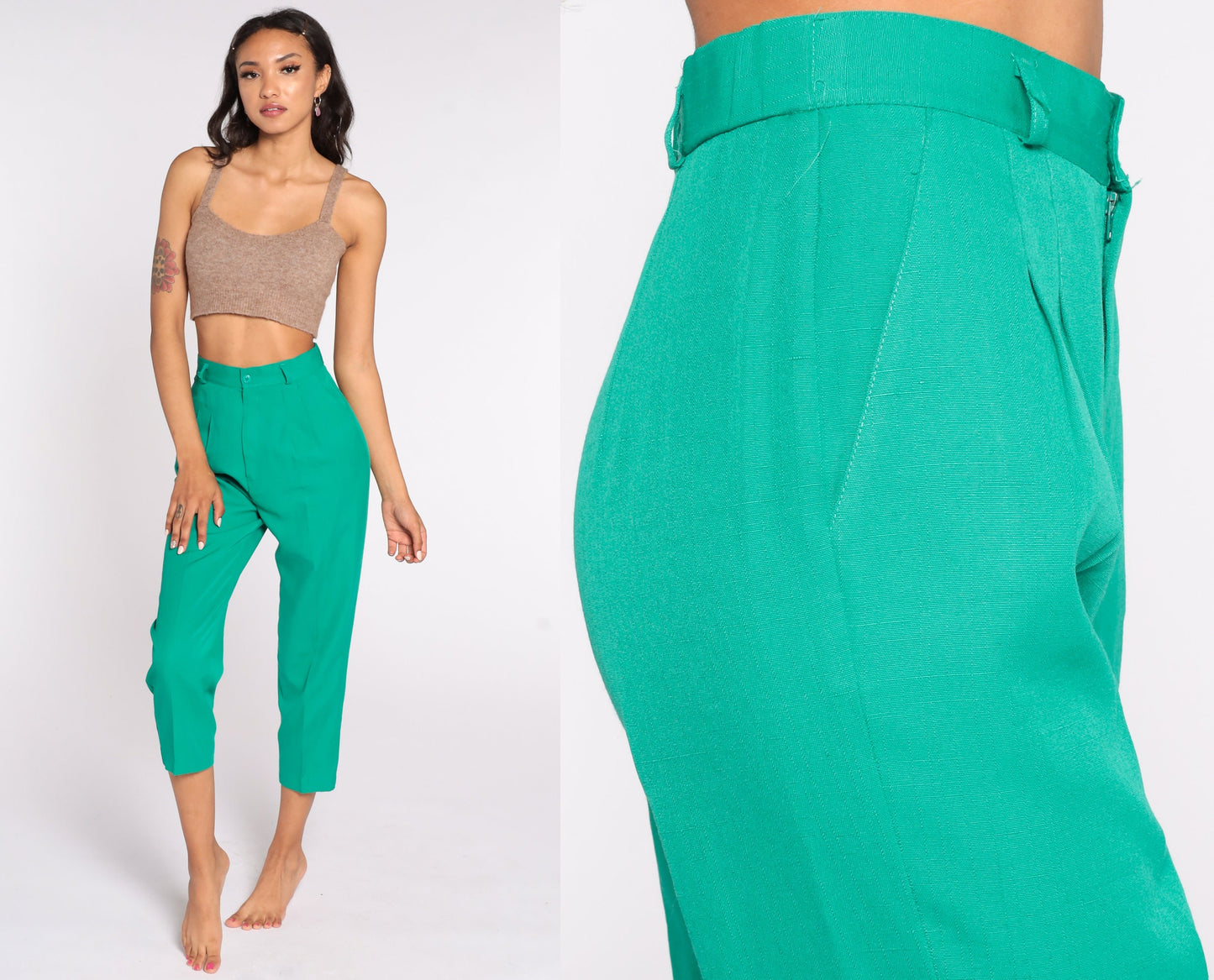 80s Green Pleated High-Waist Trousers Straight Leg Small