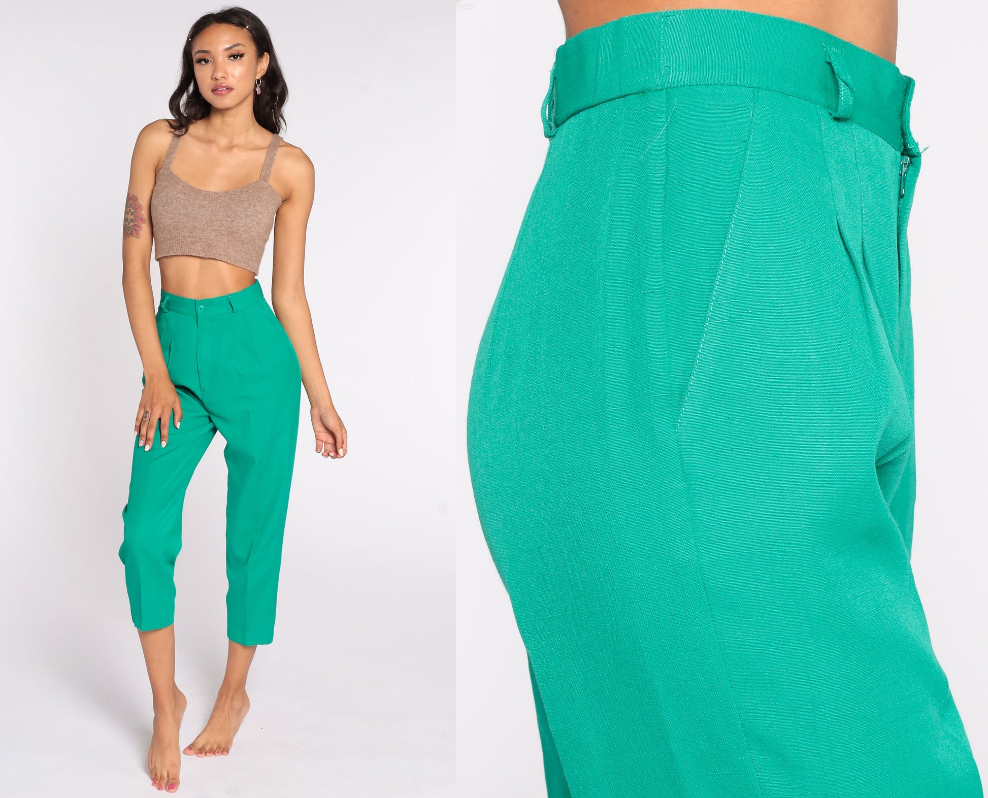 80s Green Pleated High-Waist Trousers Straight Leg Small