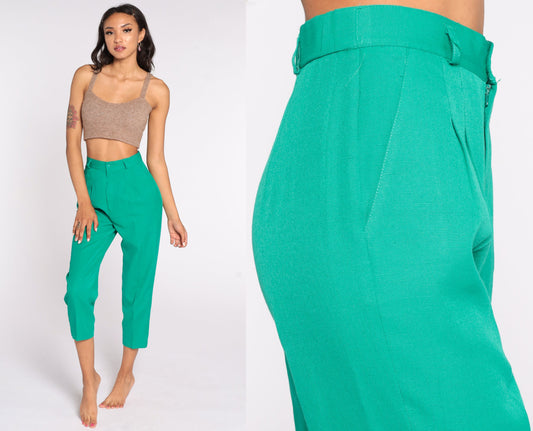 80s Green Pleated High-Waist Trousers Straight Leg Small