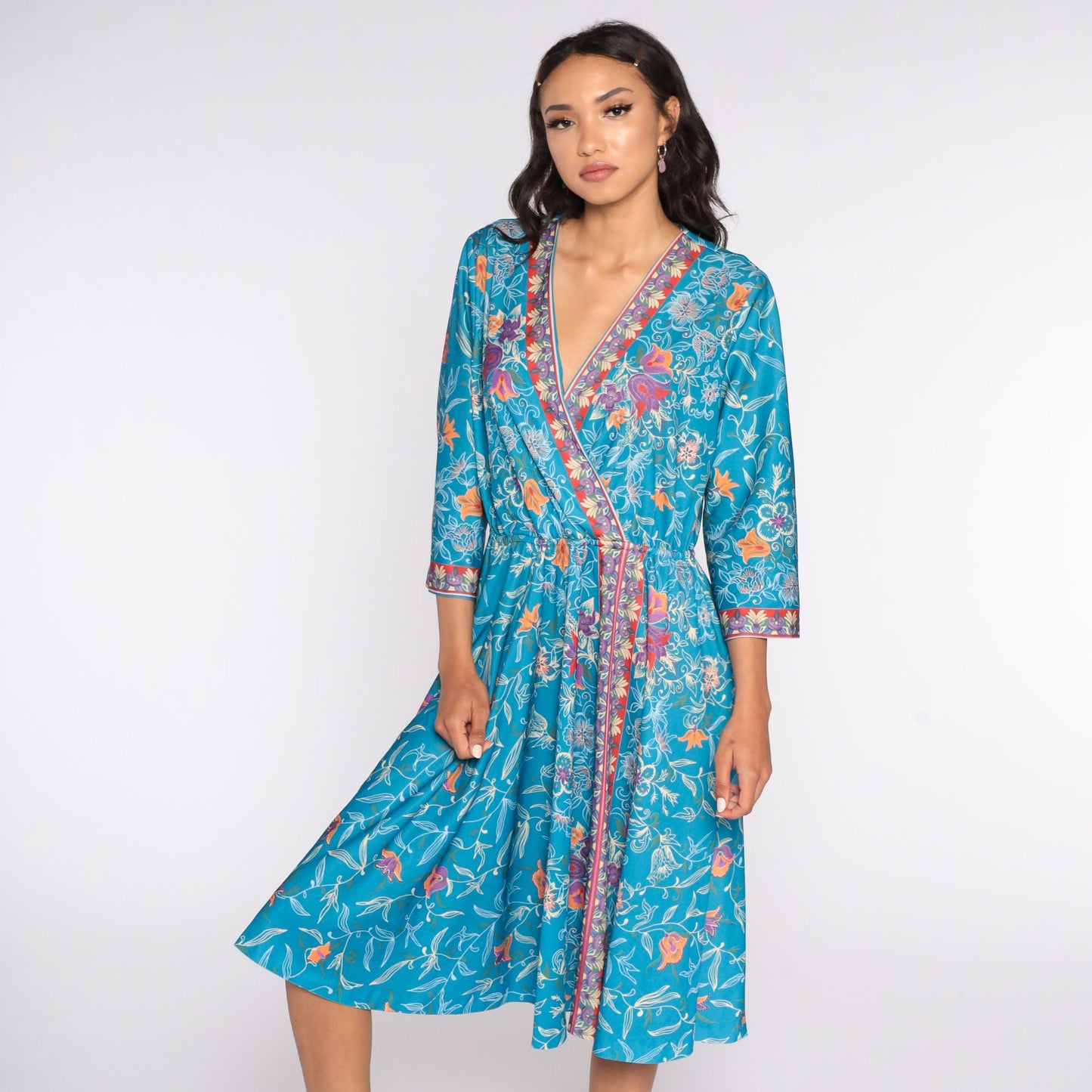 70s Blue Floral Wrap Midi Dress Deep V Neck Long Sleeve Extra Large