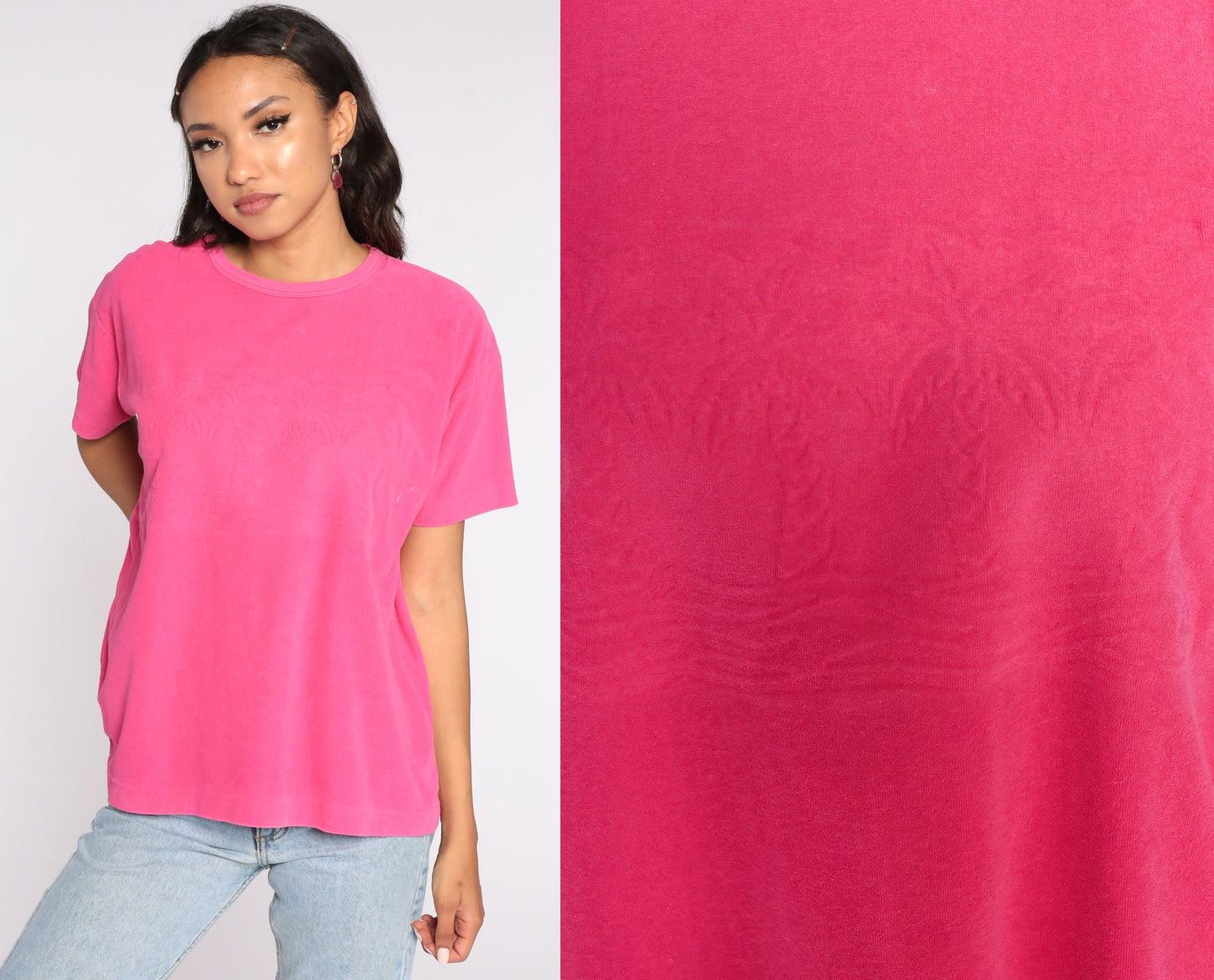 90s Pink Terry Cloth Shirt Palm Tree Graphic Cap Sleeve Medium