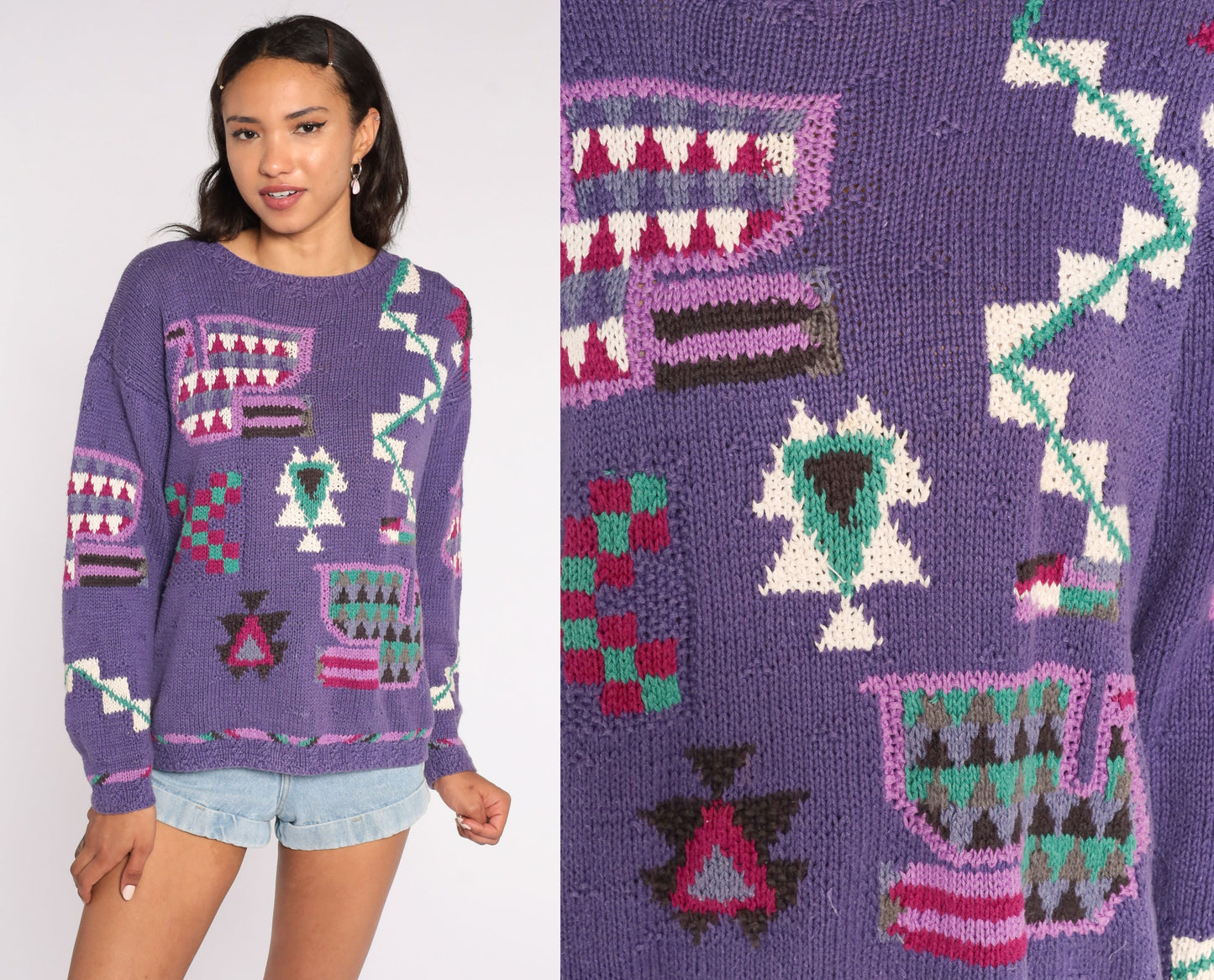 90s Purple Geometric Knit Sweater Cotton Ramie Pullover Medium