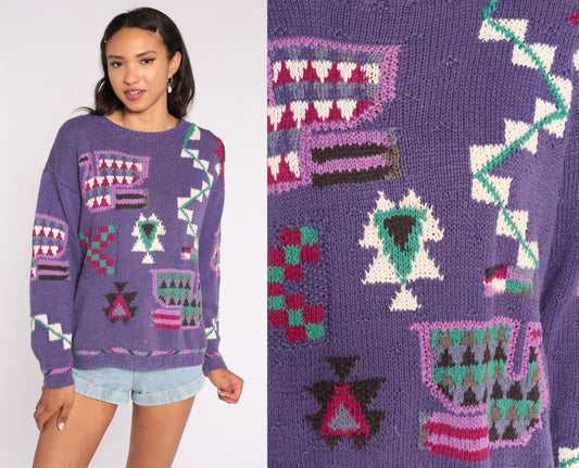 90s Purple Geometric Knit Sweater Cotton Ramie Pullover Medium