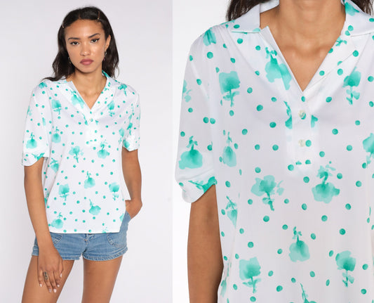70s White Floral Print Tunic Top Short Sleeve Medium Large