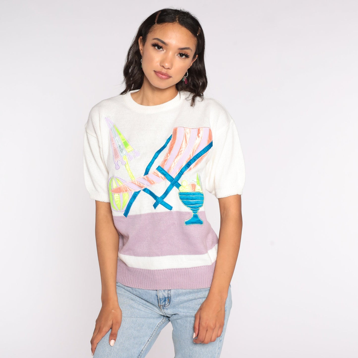 80s Tropical Beach Knit Top White Pink Colour Block Graphic Medium