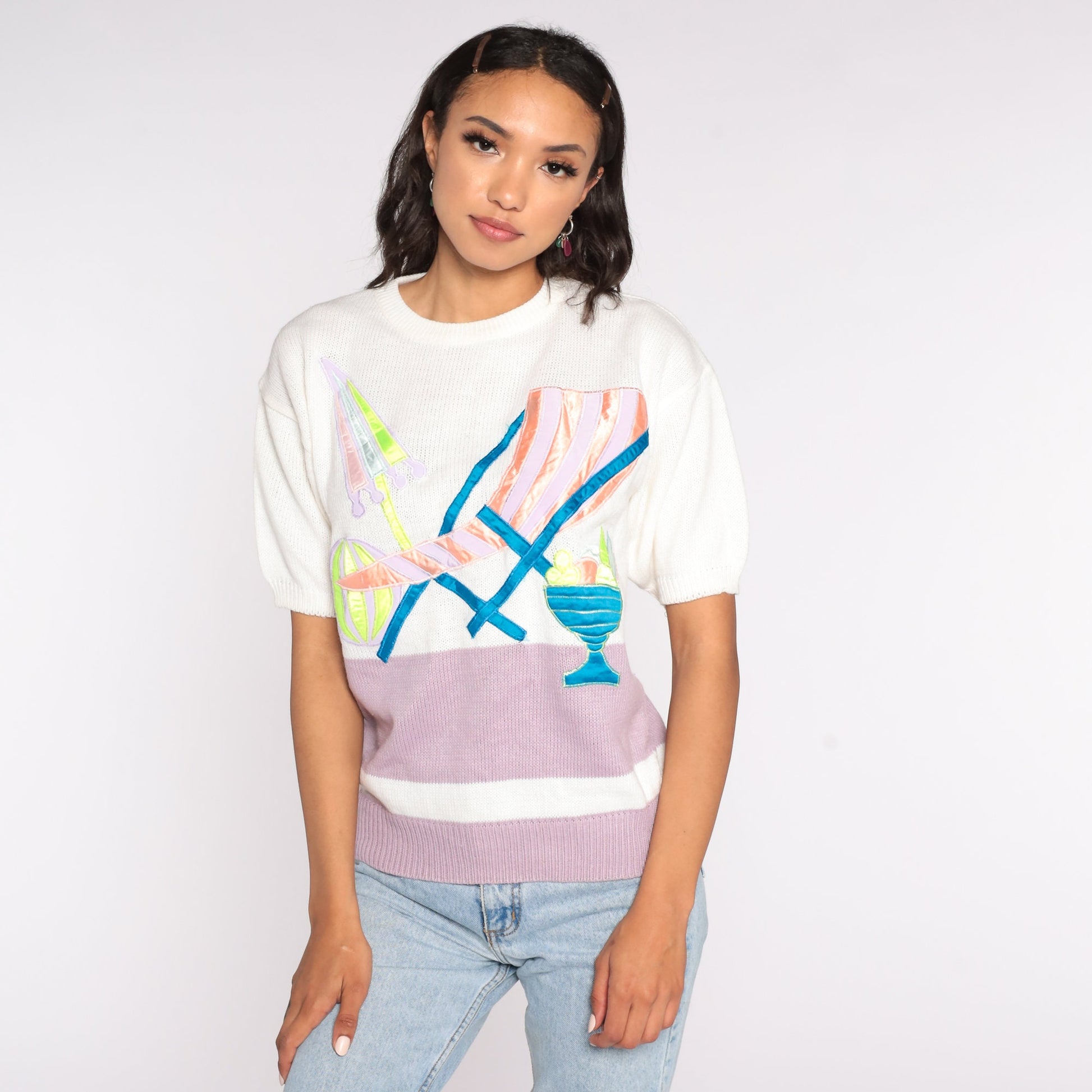 80s Tropical Beach Knit Top White Pink Colour Block Graphic Medium