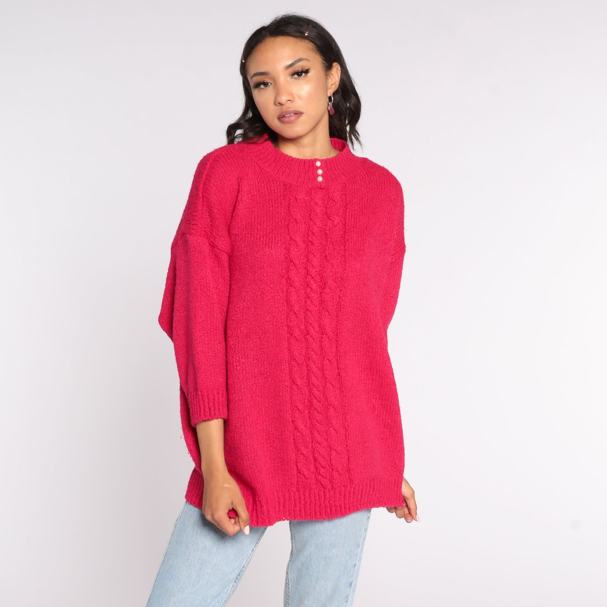 80s Hot Pink Cable Knit Sweater Pearl Button Pullover Extra Large XXL