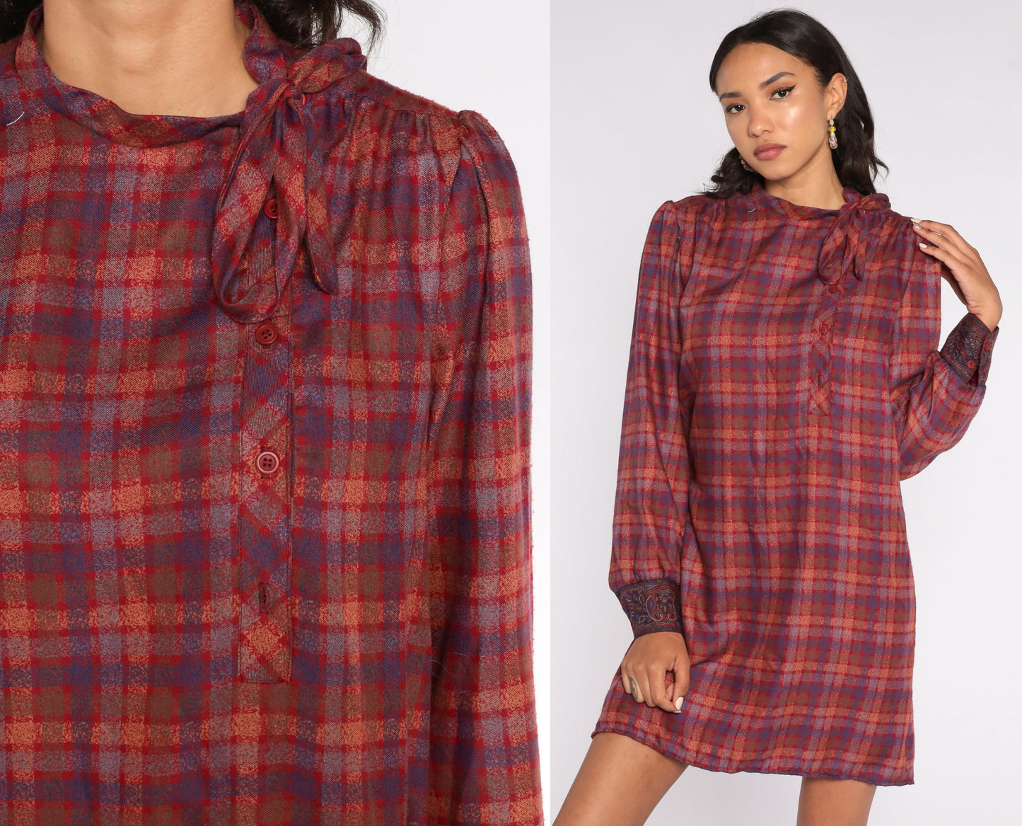 80s Plaid Mini Dress Red Brown Puff Sleeve Button Up Ascot Medium