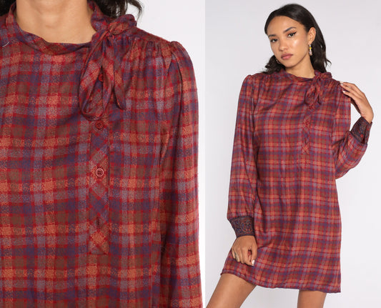 80s Plaid Mini Dress Red Brown Puff Sleeve Button Up Ascot Medium