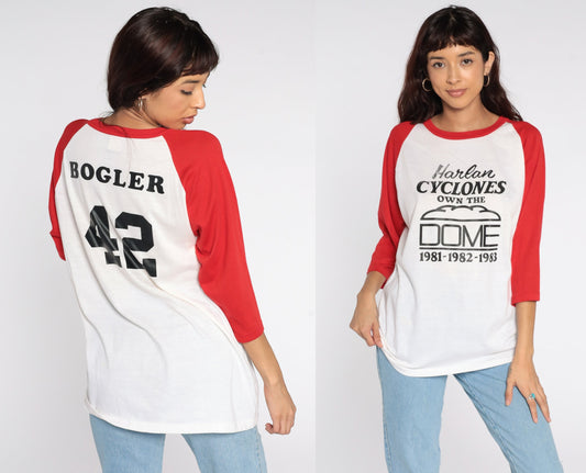 80s Harlan Cyclones Bogler Raglan Baseball Tee White Red Extra Large