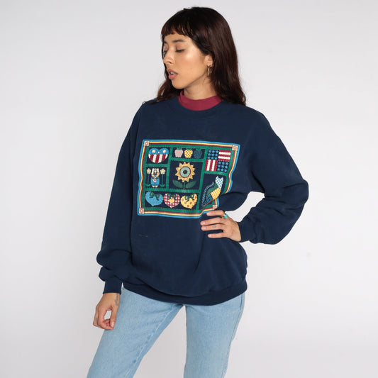 80s Country Cat Sunflower Navy Sweatshirt Graphic Animal Crewneck Large L