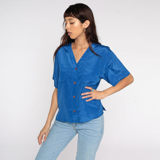 80s Royal Blue Button-Up Shirt Short Sleeve Blouse Medium