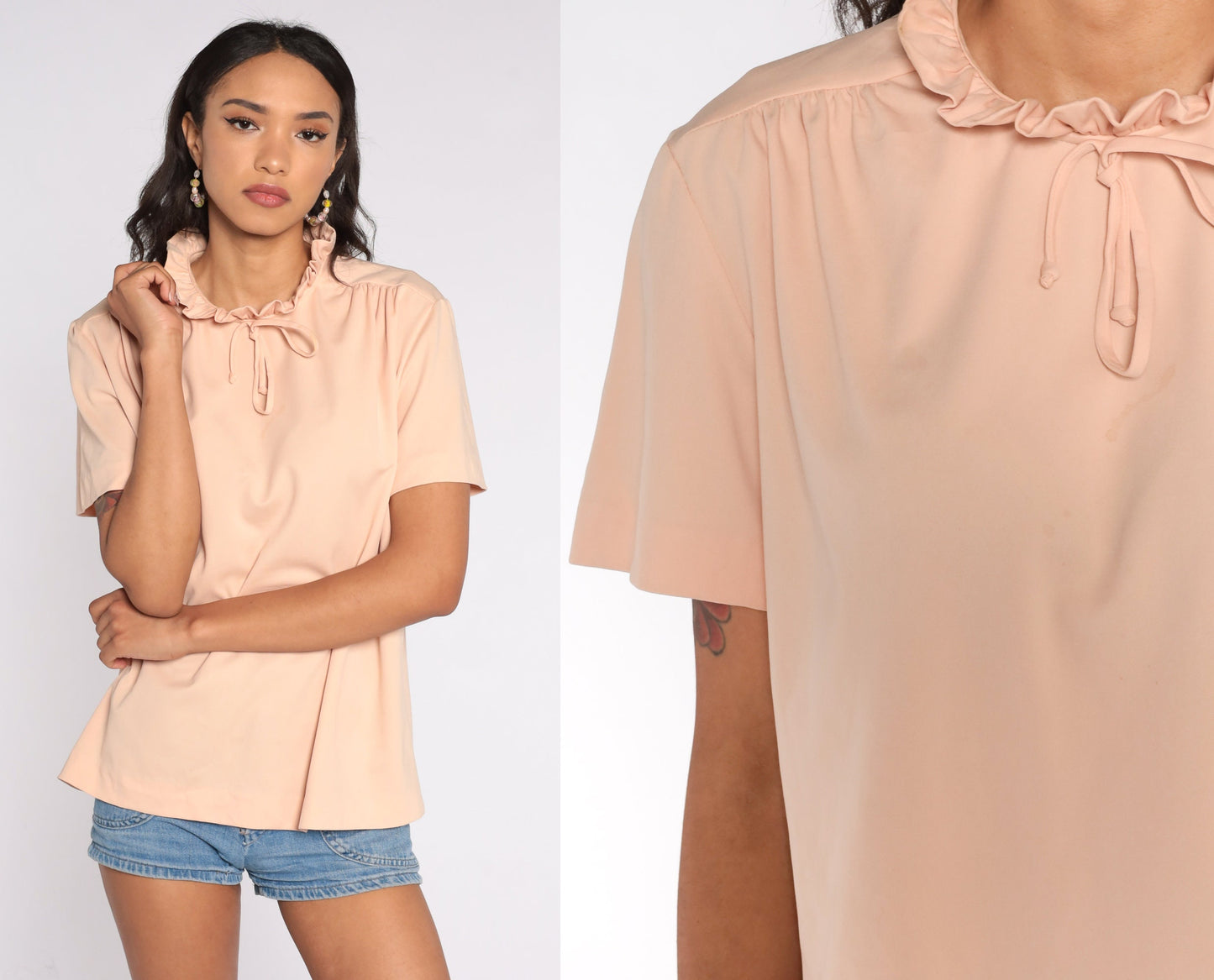 70s Peach Ruffle Neck Blouse Short Sleeve Polyester Shirt Extra Large XL