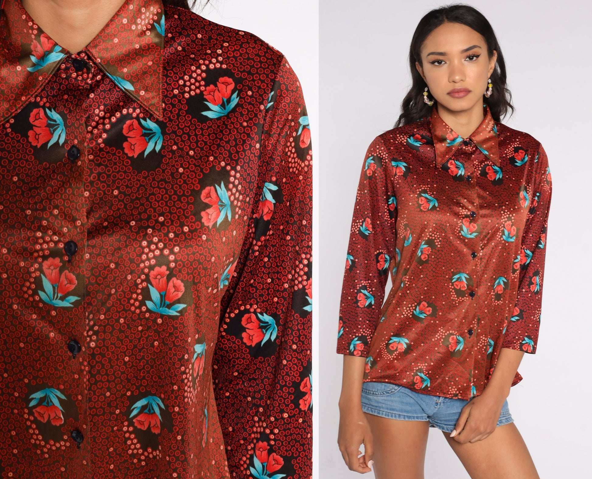 70s Floral Button-Up Shirt Red Flower Print Long Sleeve Blouse Medium Large
