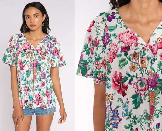 70s Floral Print Blouse White Tent Cut Flutter Sleeve Vintage Shirt Large L