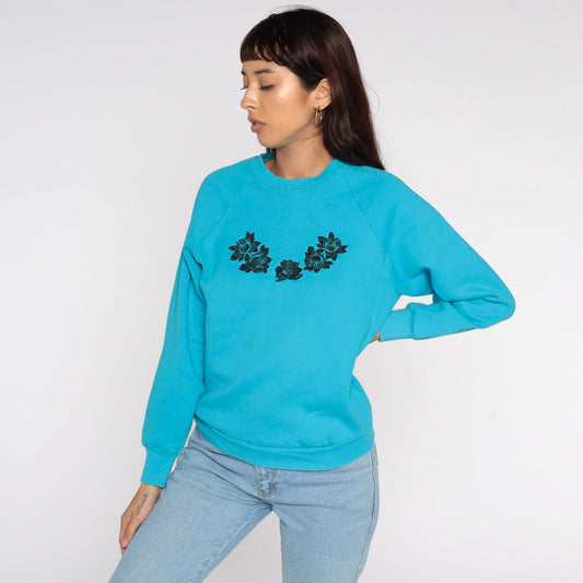80s Floral Raglan Sweatshirt Blue Graphic Crewneck Small