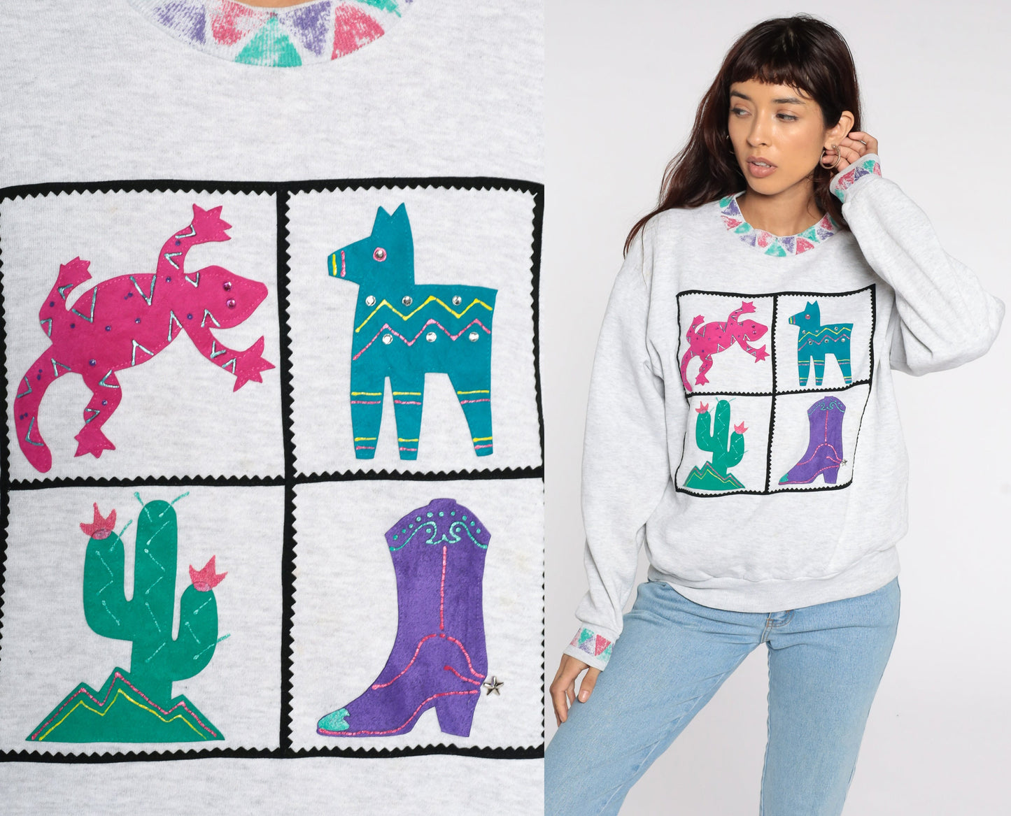 90s Southwestern Sweatshirt Cactus Coyote Gecko Grey Crewneck Medium