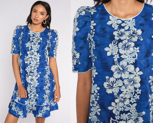 80s Hawaiian Floral Mini Dress Puff Sleeve Shift Cotton Small