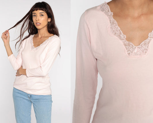 80s Baby Pink Long Sleeve Tee Lace Trim Cotton Blend Medium