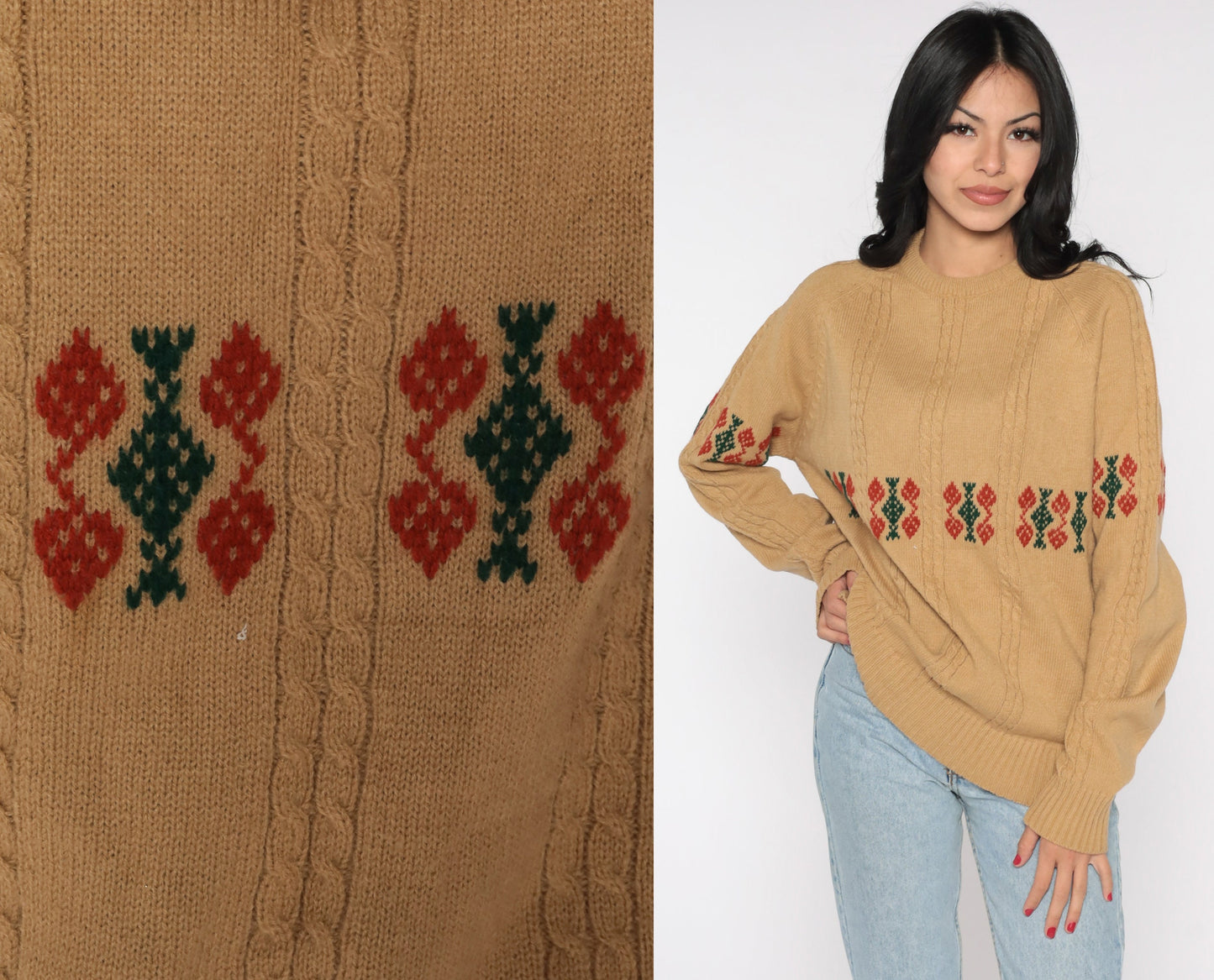 70s Robert Bruce Cable Knit Sweater Tan Geometric Pullover Large