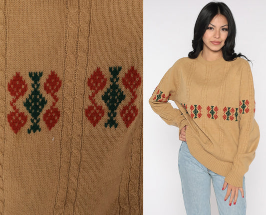 70s Robert Bruce Cable Knit Sweater Tan Geometric Pullover Large