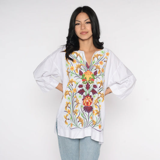 90s White Floral Tunic Blouse Cotton Long Sleeve Top Medium