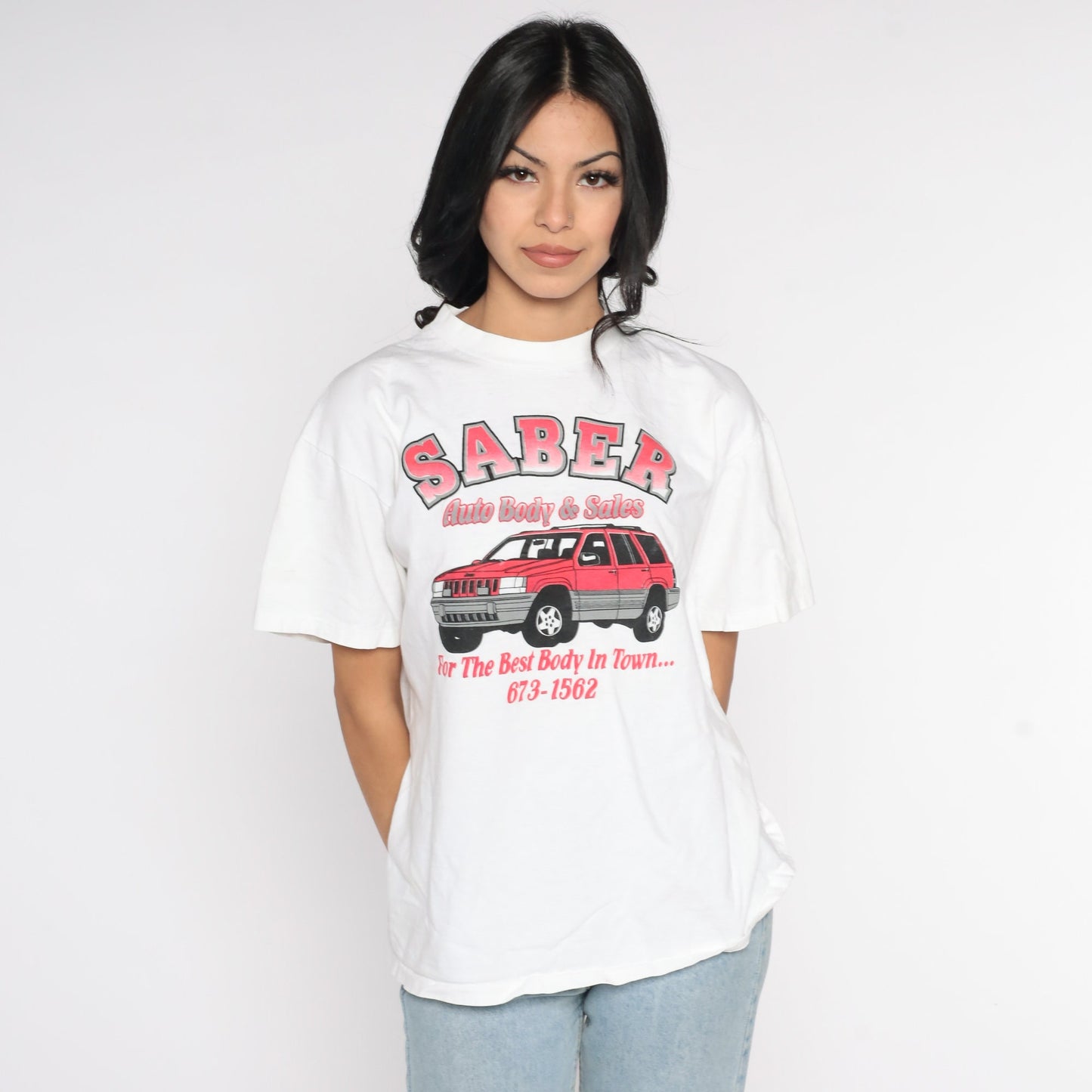 80s Saber Auto Body Jeep Graphic T-Shirt Fall River Massachusetts Cotton Small