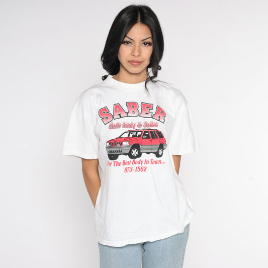 80s Saber Auto Body Jeep Graphic T-Shirt Fall River Massachusetts Cotton Small