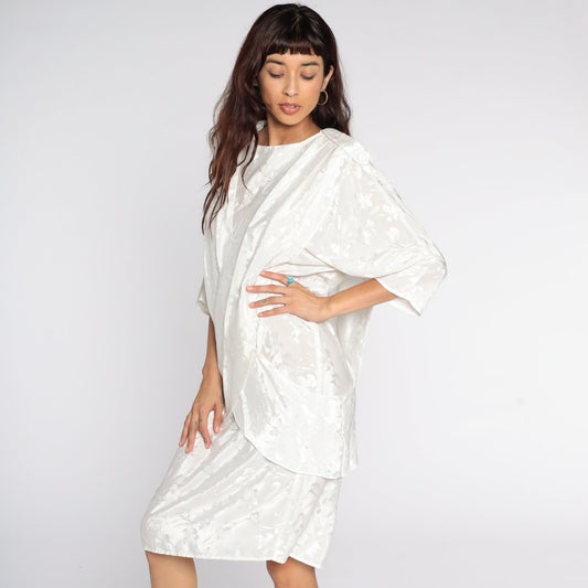 80s All That Jazz White Floral Embossed Midi Dress Draped Panel Medium