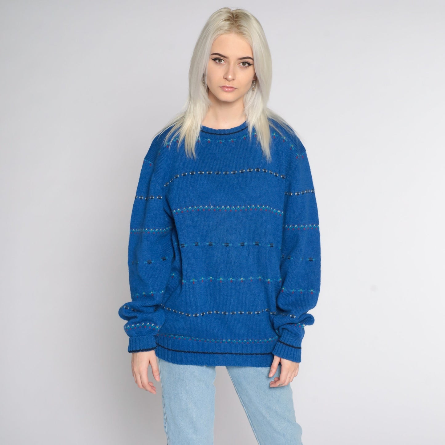 80s Gant Wool Striped Crewneck Sweater Blue Pullover Large