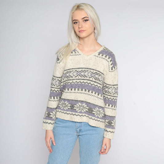 90s Fair Isle Sweater Cream Geometric Knit V-Neck Pullover Medium Petite