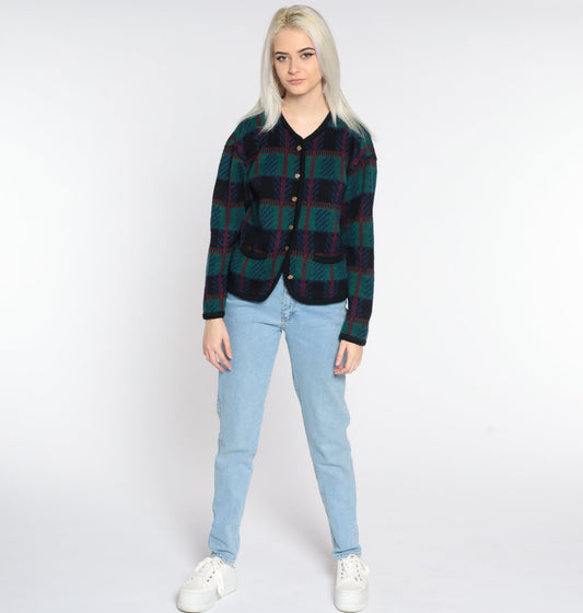 80s Checkered Cardigan Sweater Green Black Knit Button-Up Large