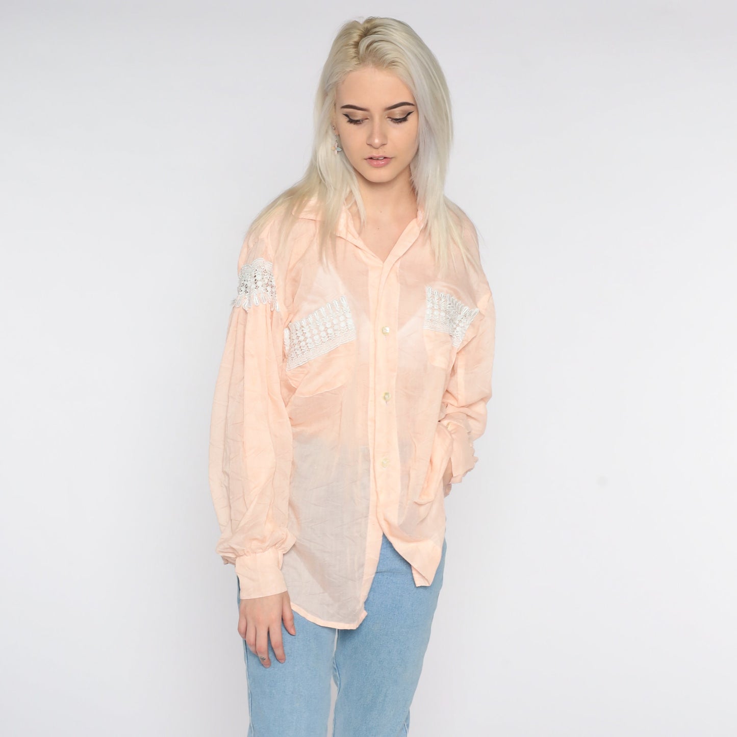 90s Sheer Crochet Lace Button-Up Blouse Peach Pink Long Sleeve Extra Large